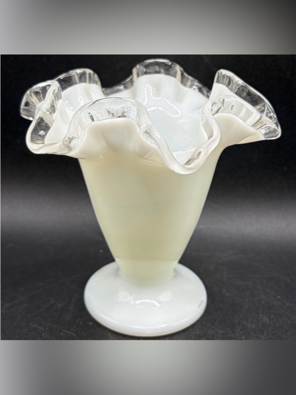 Vintage White Milk Glass & Clear Ruffled Rim Silver Crest Crimped Vase Vessel